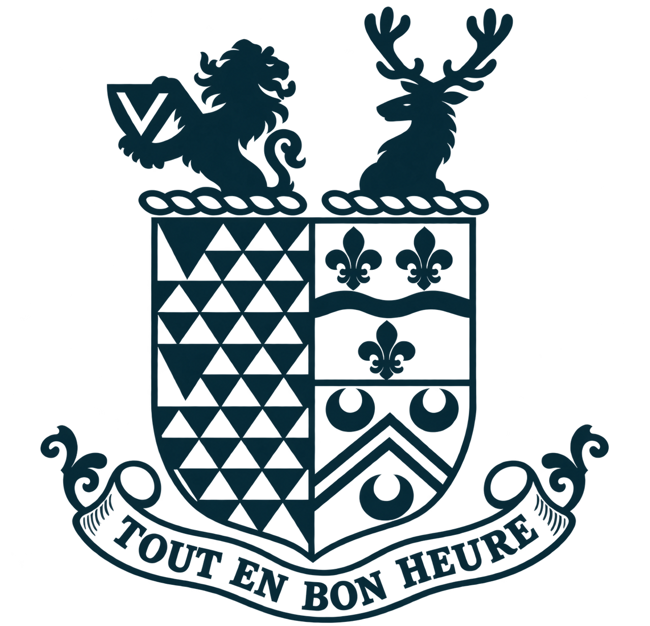 Beach Lodge crest with a lion, stag and heraldic shield